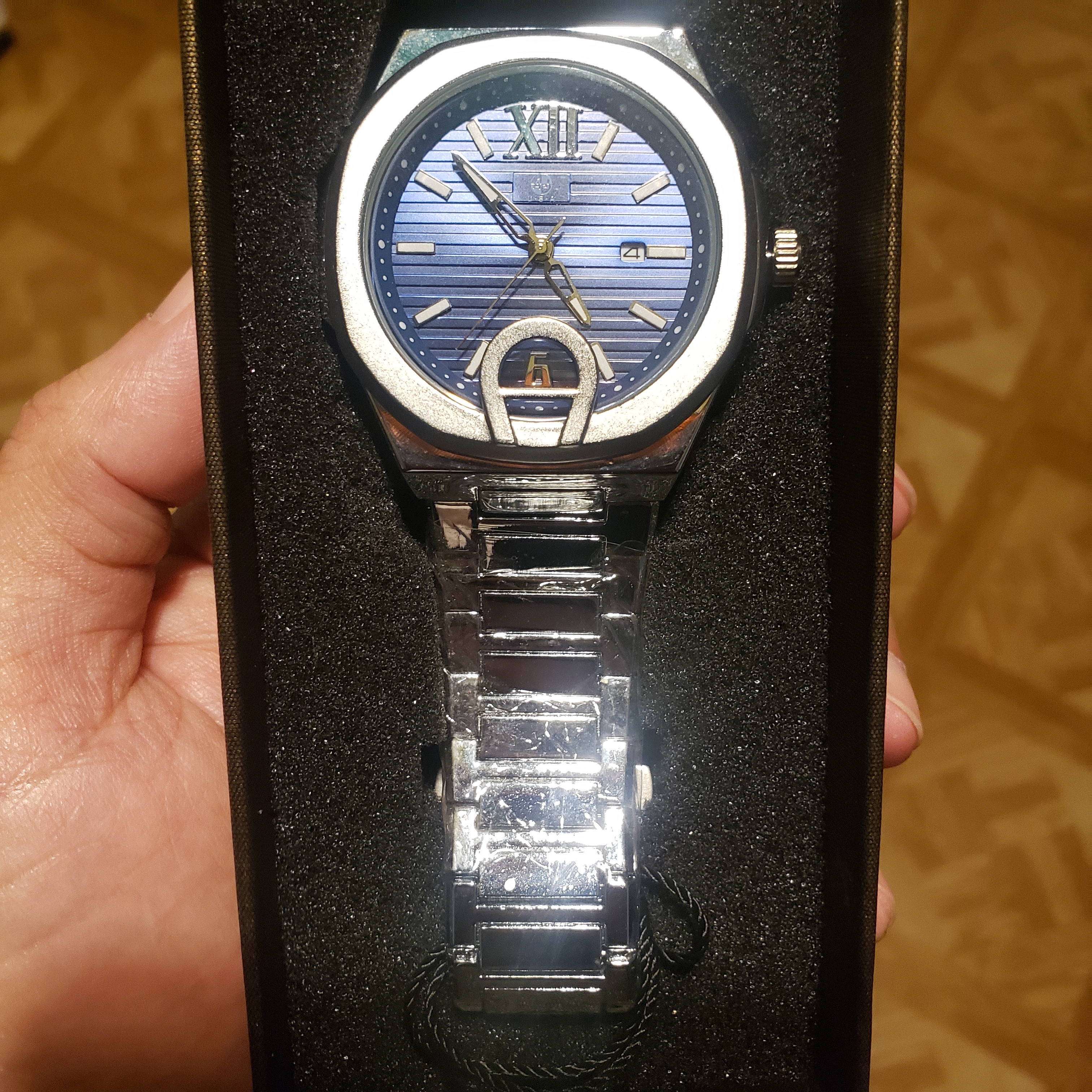 Mens Silver Stainless Steel Watch With Blue Dial